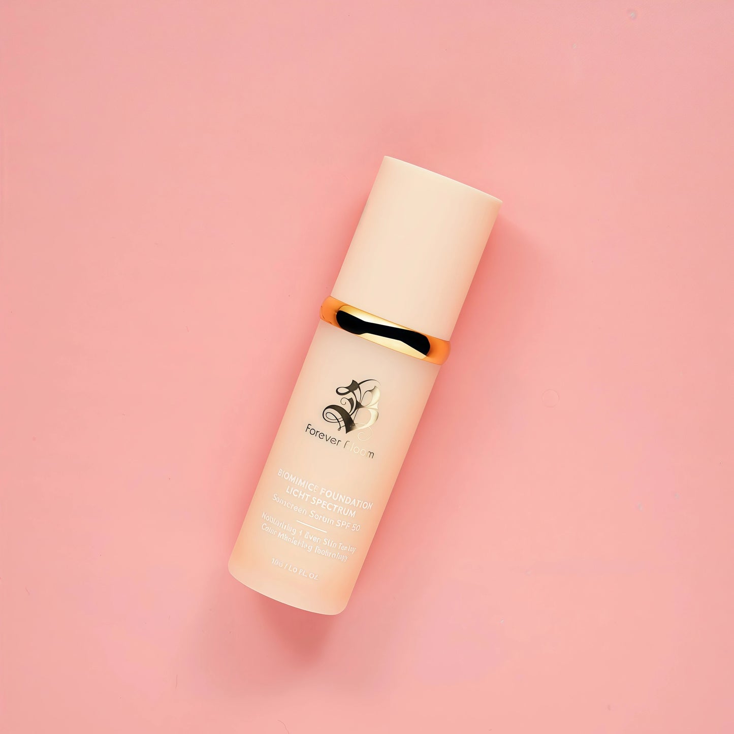 Forever Bloom Biomimic Foundation Light Spectrum SPF50 hydrates, conceals and evens tone with a lightweight, anti-aging finish for mature, sensitive skin—perfect for gym, sports or dance